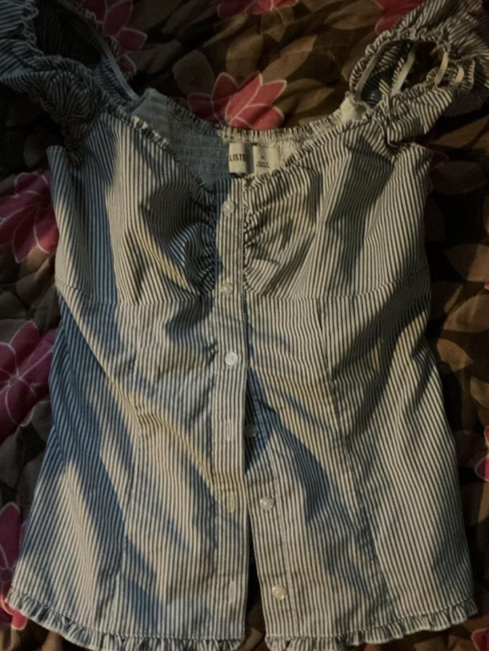 Hollister Navy & White Striped Ruffle Button Tank